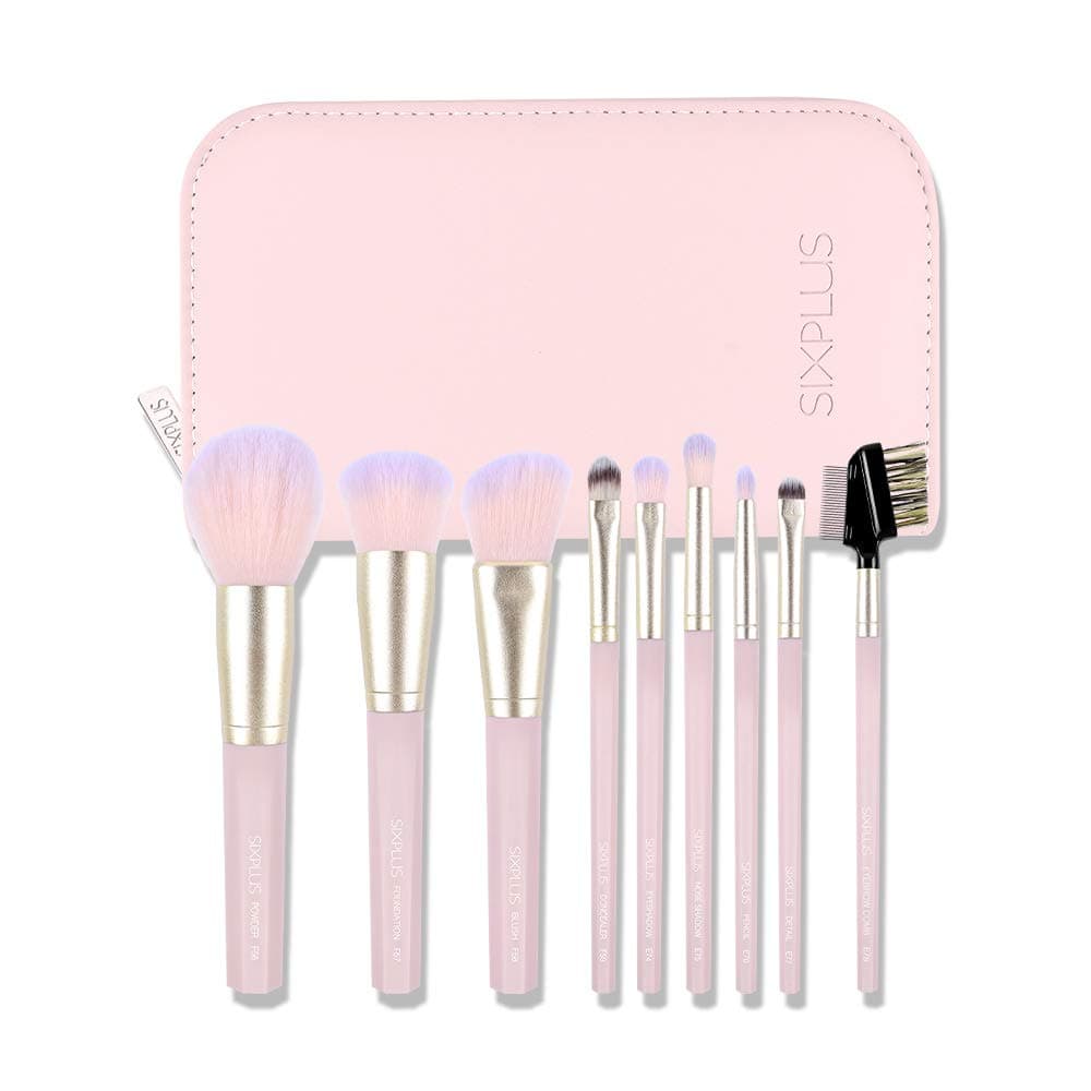 Makeup Brushes Set Professional with Case, SIXPLUS 9Pcs Baby Pink Octagonal Makeup Brush for Powder Concealer Eyeshadow Blush, Portable Storage Bag, Guide, Covers, Best Make Up Brush Kit Gift for Women Girlfriend Mom