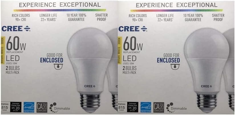 Cree Led 60W Replacement, (10 watt Actual) A19 Bright White (3000K) Dimmable Light Bulb 815 Lumens, 90 CRI (8 Pack)