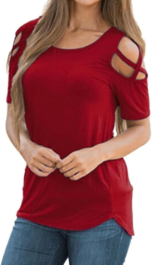 TOPUNDER 2018 Women Summer Blouses Short Sleeve Tops Strappy Cold Shoulder T-Shirt Red
