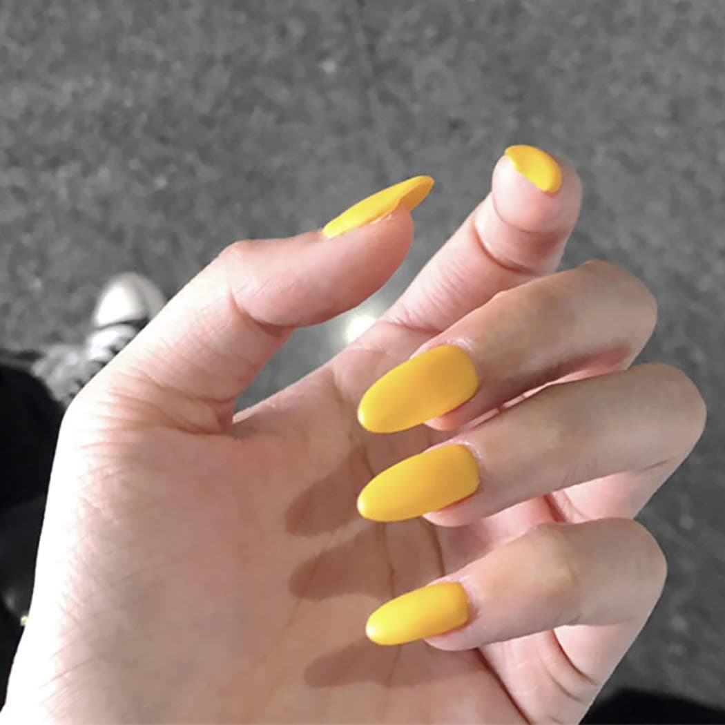 Awanka Matte Press on Nails Yellow Long Fake Nails Oval Full Cover Acrylic False Nails for Women and Girls (24Pcs)