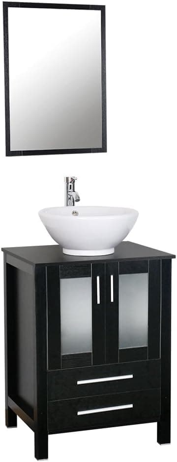U-Eway 24" Bathroom Vanity,White Round Ceramic Vessel Sink,Bathroom Vanity Top,Porcelain White Sink Set,Bathroom Faucet 1.5 GPM,Overflow,with Mirror (Black Vanity + Round Ceramic Sink)