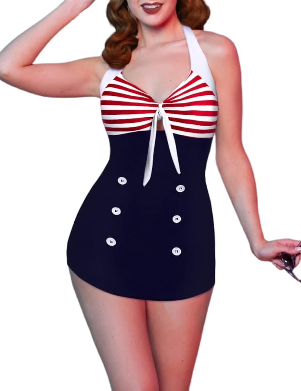 Ekouaer Womens Vintage Striped One Piece Swimsuit Monokini Boyleg Bathing Suit Swimwear