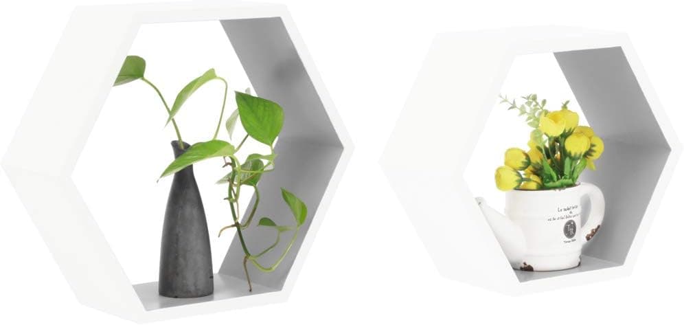 Homewell Set of 2 Hexagon Floating Shelves, Wood Wall Shelves for Home Decoration, Storage Display Rack, White+Gray.