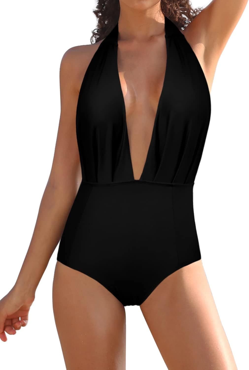 SHEKINI Women's Retro Deep V-Neck Bathing Suit Backless High Waisted One Piece Swimsuit