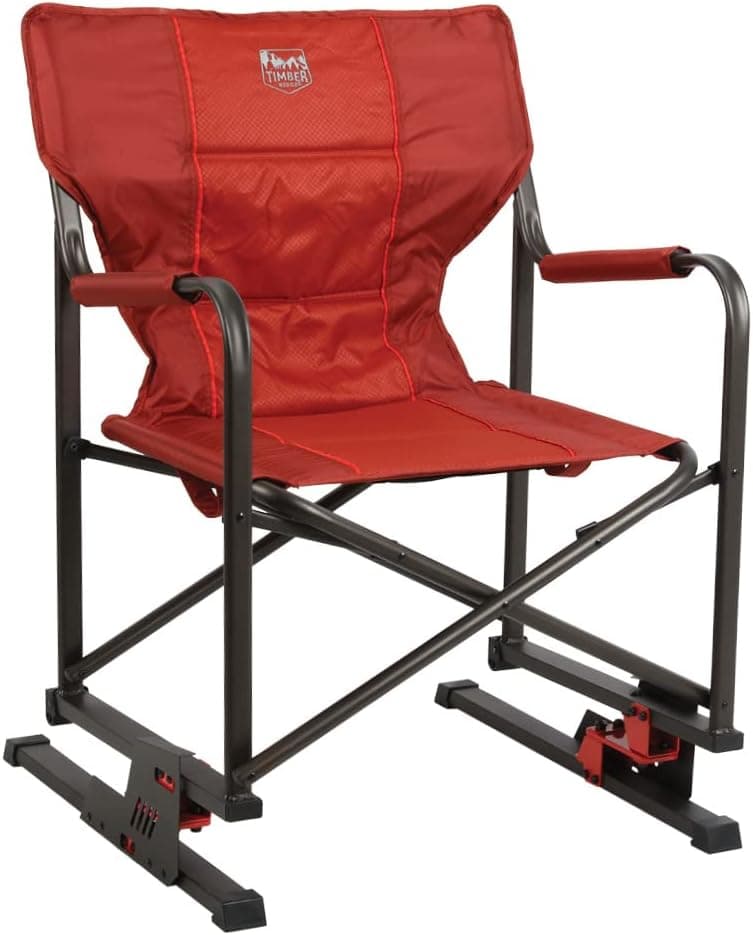 TIMBER RIDGE Folding Bounce Rocker, Portable Director's Rocking Camping Mesh Pocket Compact Outdoor Lawn Chair, Supports 300 lbs, Fiery Red