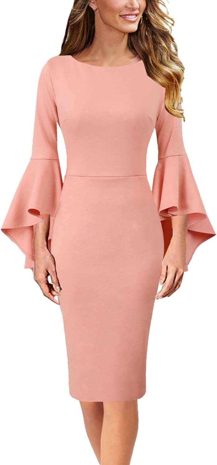 VFSHOW Womens Elegant Bell Sleeve Cocktail Party Bodycon Pencil Sheath Dress