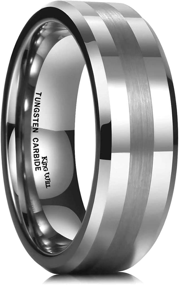 King Will Classic 8mm Tungsten Carbide Ring Black/Silver/Gold Brushed Two Grooved Center Hammered Design Mens Wedding Band for Men