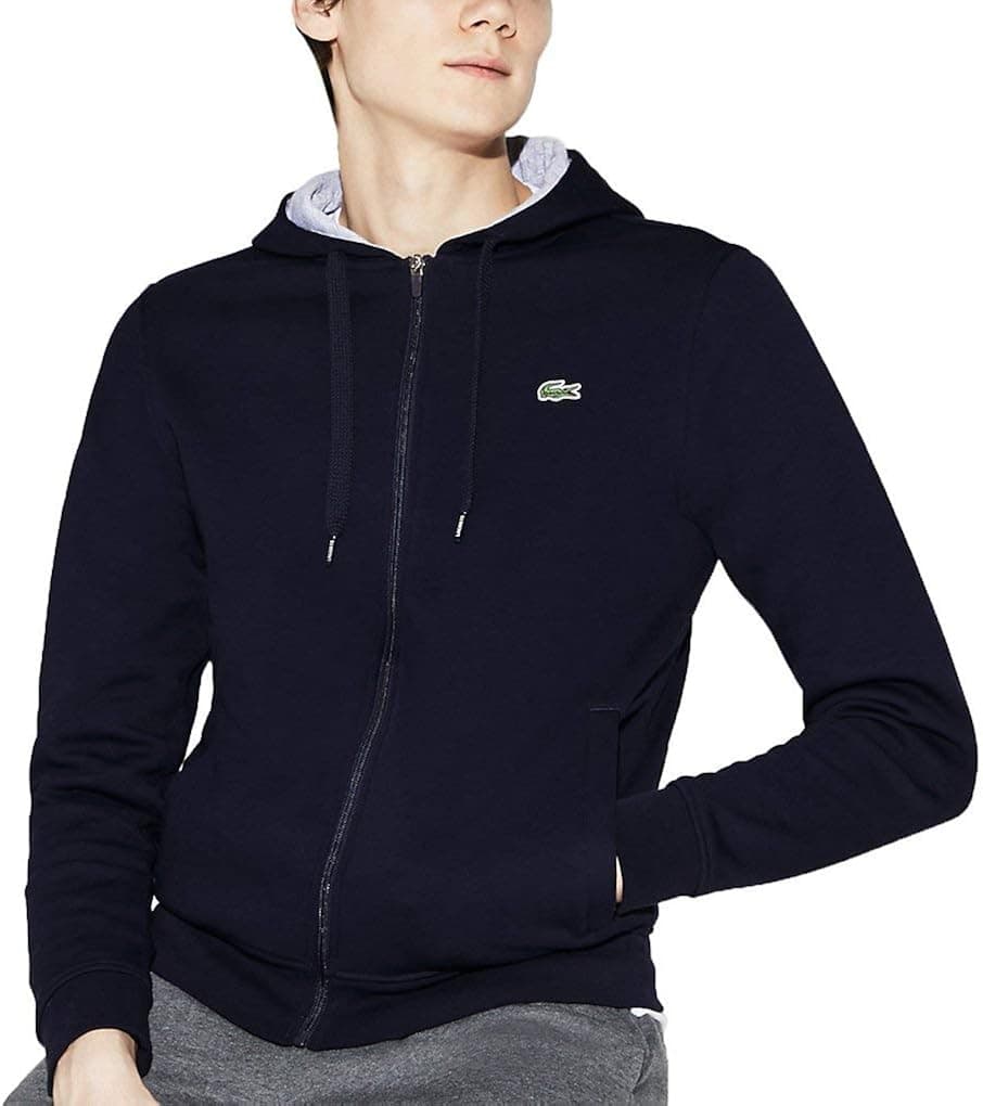 Lacoste Men's Sport Fleece Zip Up Hooded Sweatshirt, Navy Blue/Silver Chine, XL