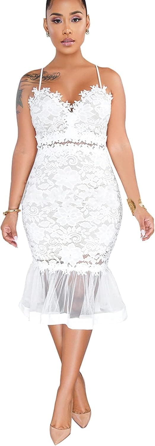 Salimdy Women Sexy Floral Lace Mesh Sheer Hollow Out Deep V Neck Spaghetti Strap Bodycon Pencil Mermaid Midi Dress