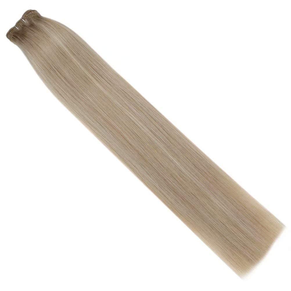 Sew in Hair Extensions Human Hair Color Ash Blonde Highlights with Bleach Blonde Remy Hair Extensions Human Hair Bundles 12 Inch 70g