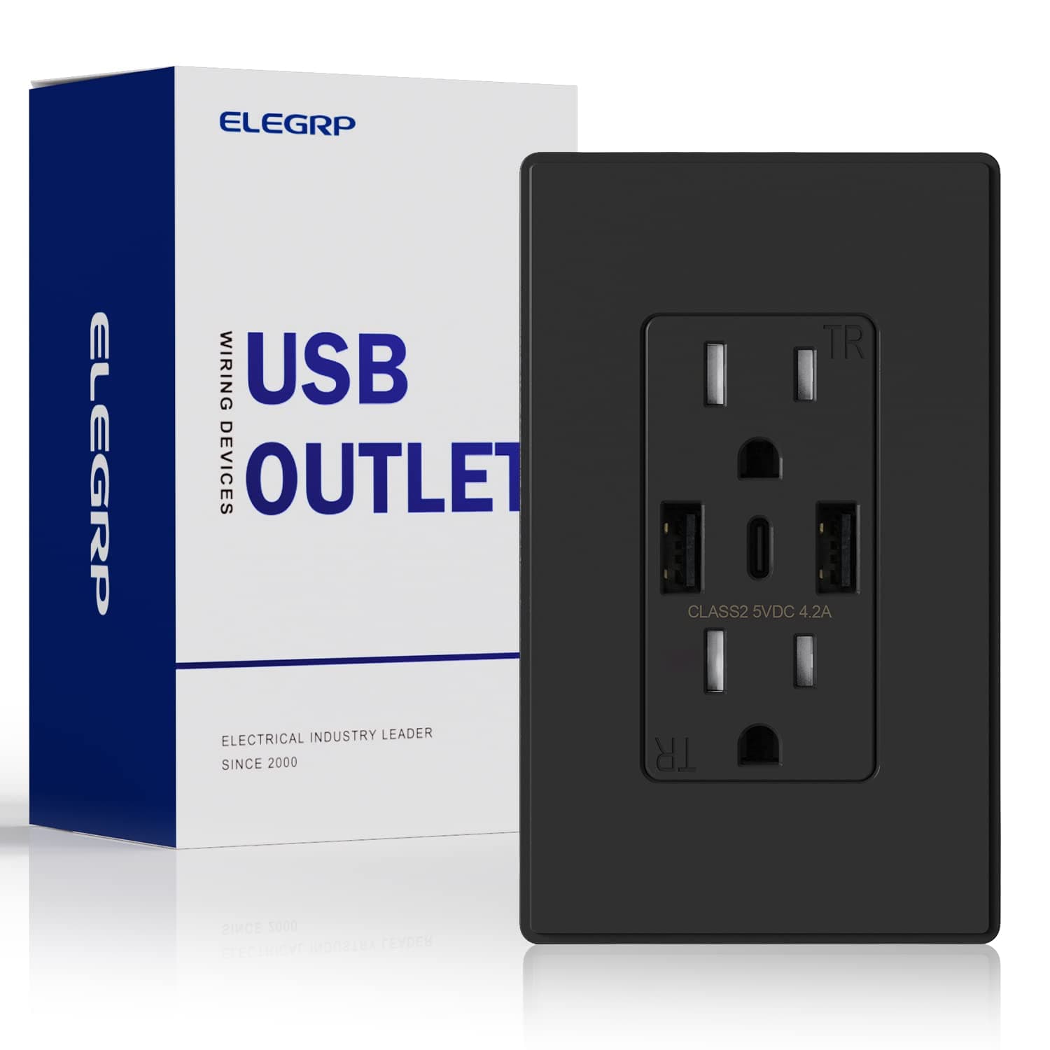 ELEGRP USB Wall Outlet, 3-Port Dual Type C and Type A, 15 Amp USB Outlet Receptacle for iPhone, iPad, Samsung, Google, LG, HTC, Android Devices and More, UL Listed, w/Wall Plate, 1 Pack, Black