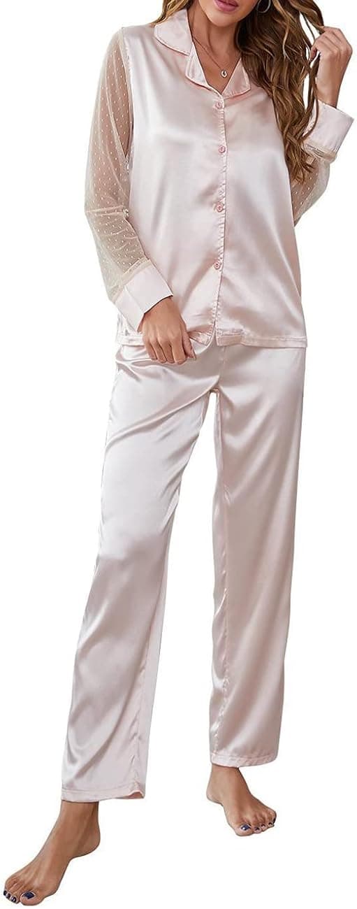 Selene Silk Satin Pajamas for Women Soft Long Sleeve Two-piece Satin Sleepwear Loungewear Pjs Set S-XXL