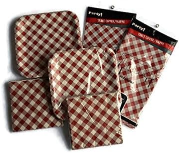 Red Gingham 70 Piece Disposable Labor Day Picnic/BBQ Party Set - (28) Paper Plates (40) Paper Napkins & (2) Table Covers/Tablecloth
