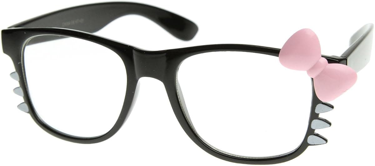 Womens Retro Fashion Kitty Clear Lens Glasses w/Bow and Whiskers