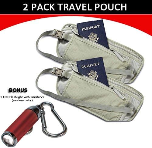 Travel Pouch Compact Security/ Hidden Money Waist Belt - 2 Pack + 1 LED Adjustable Focus Flashlight with Carabiner