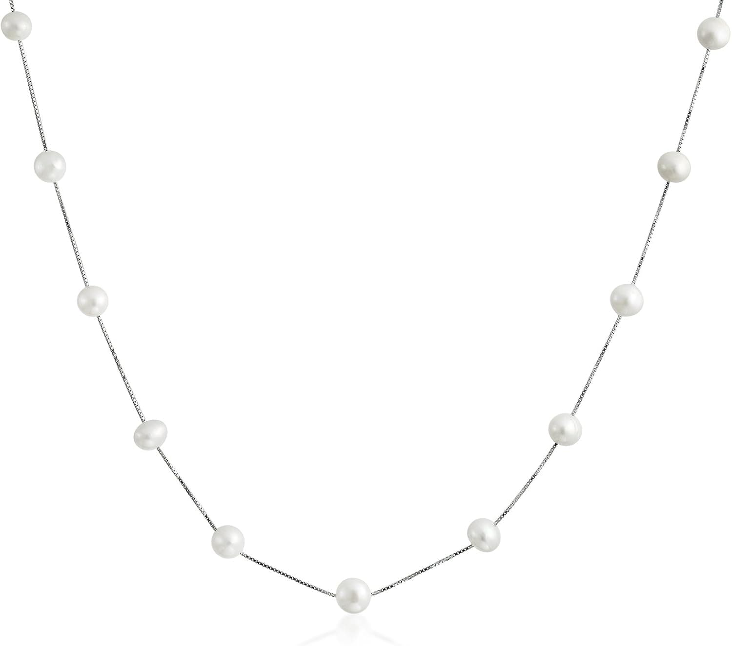 Bridal 7MM White Freshwater Cultured Pearl Tin Cup Chain Necklace For Women Wedding .925 Sterling Silver 16 18 Inch