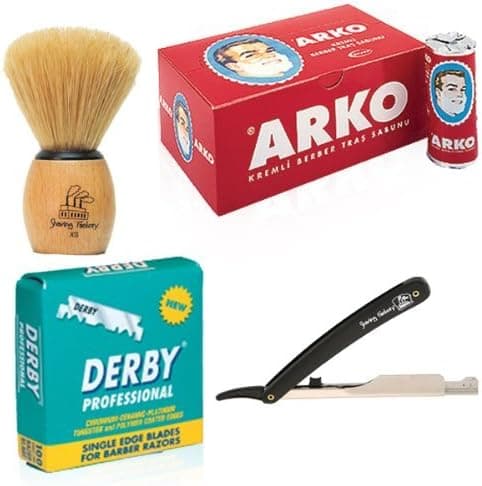 Shaving Gift Set SF220 with Shaving Factory Straight Razor (Black), Shaving Factory Hand Made Shaving Brush (XS), 100 Derby Professional Single Edge Razor Blades and Arko Shaving Soap Stick. Great Valentines Day Gift Set For Men.