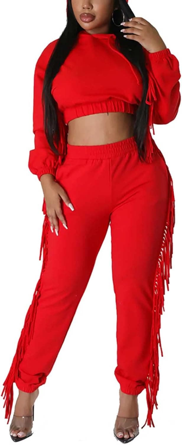 Elainone Sweatsuit Set for Women 2 Piece Outfits Tassel Long Sleeve Hoodies Bodycon Jogger Pants Workout Tracksuits