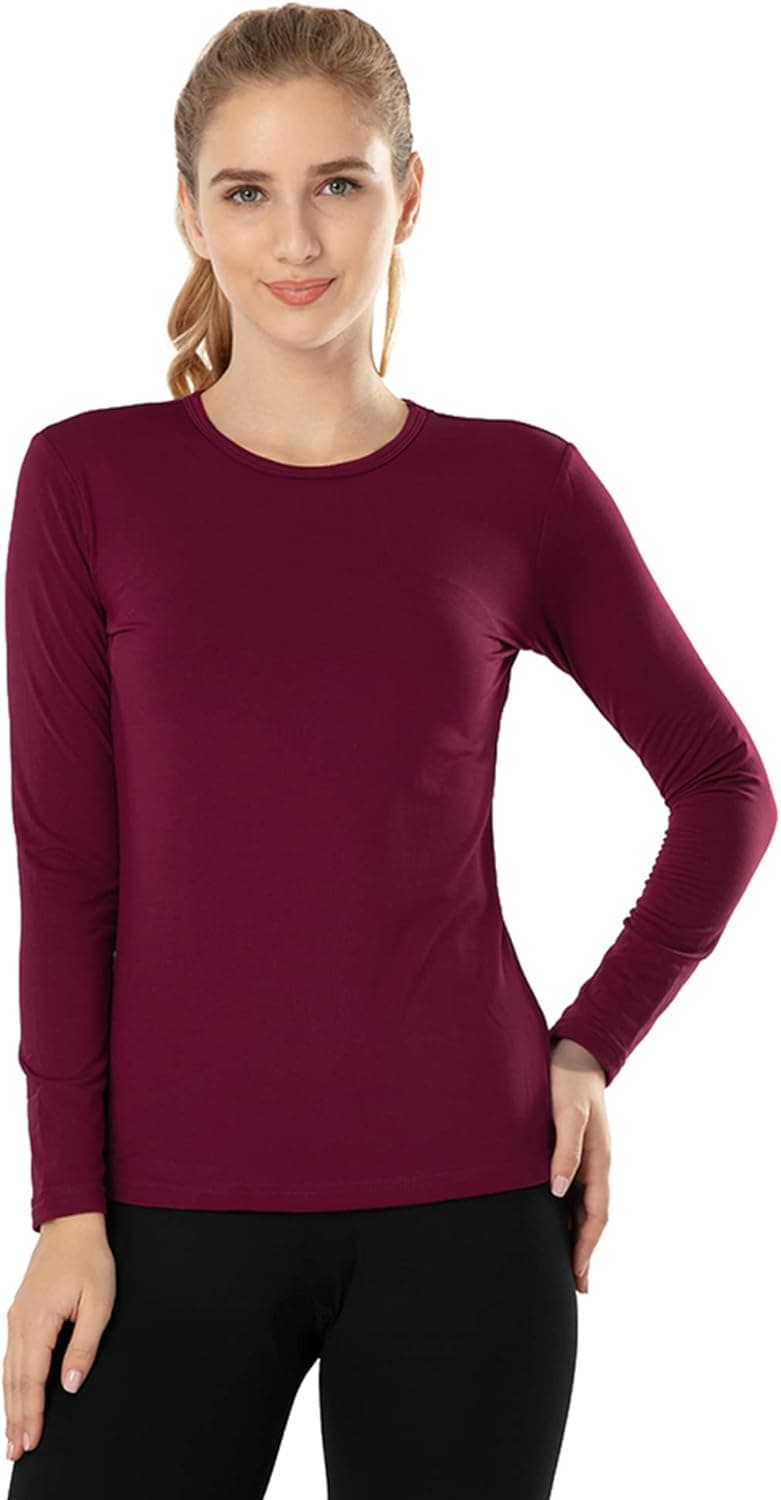 MANCYFIT Thermal Tops for Women Fleece Lined Shirt Long Sleeve Base Layer Burgundy Red X-Large
