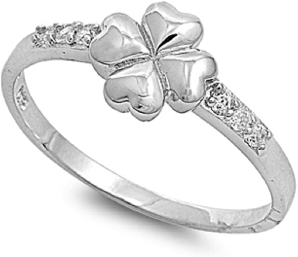 Cubic Zirconia Four Leaf Clover Ring Sterling Silver (Sizes 4-10)