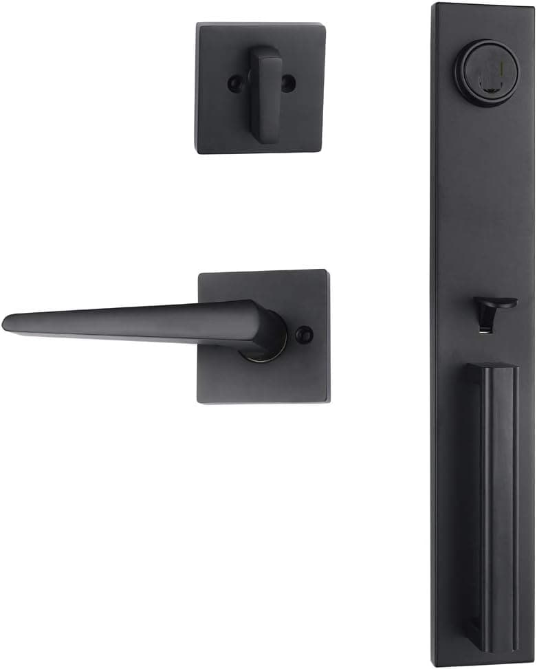 Black Dummy Handleset,Front Door inactive Entry Handleset Reversible for Right and Left Handed,with Single Cylinder Deadolt in Matt Black,MDHST2016DB-D-AMZ