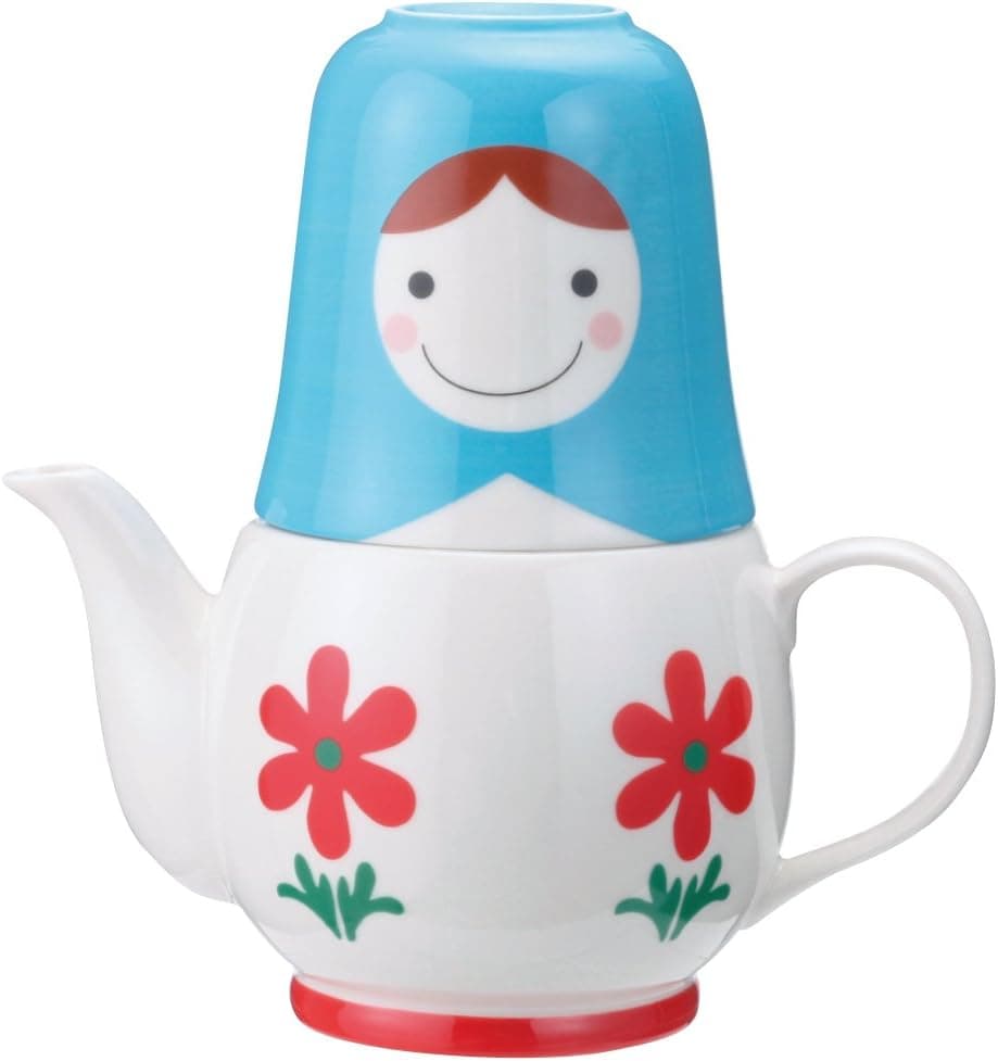 Sunart SAN1637 Cute Tableware Matryoshka Teapot & Cup (Tea Set for 2), Blue x White