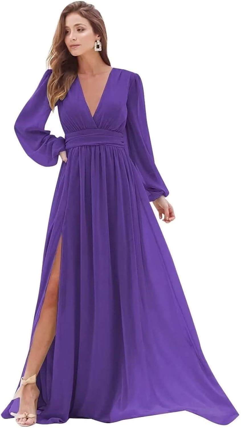 Minggrer V Neck Long Sleeve Bridesmaid Dresses with Slit Chiffon Ruched A Line Formal Prom Dresses Evening Gowns
