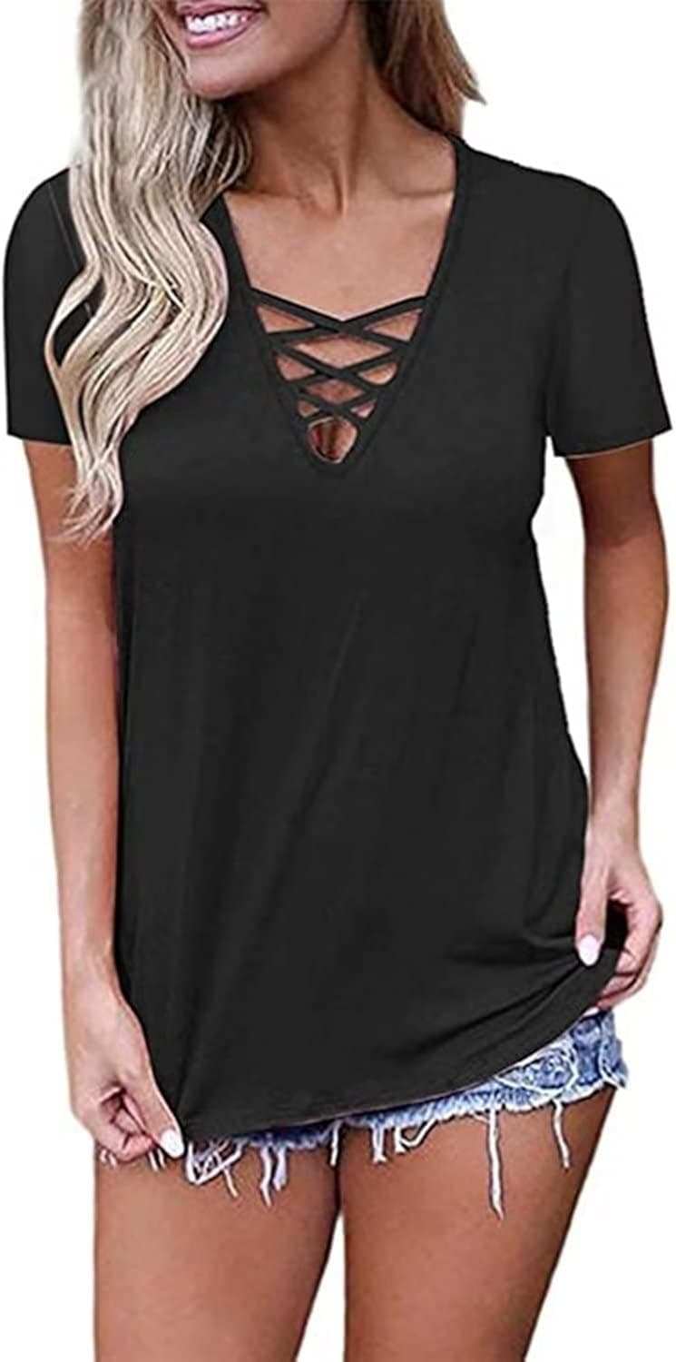 Ezbelle Women's Short Sleeve V Neck Shirts Criss Cross Top Basic T Shirt