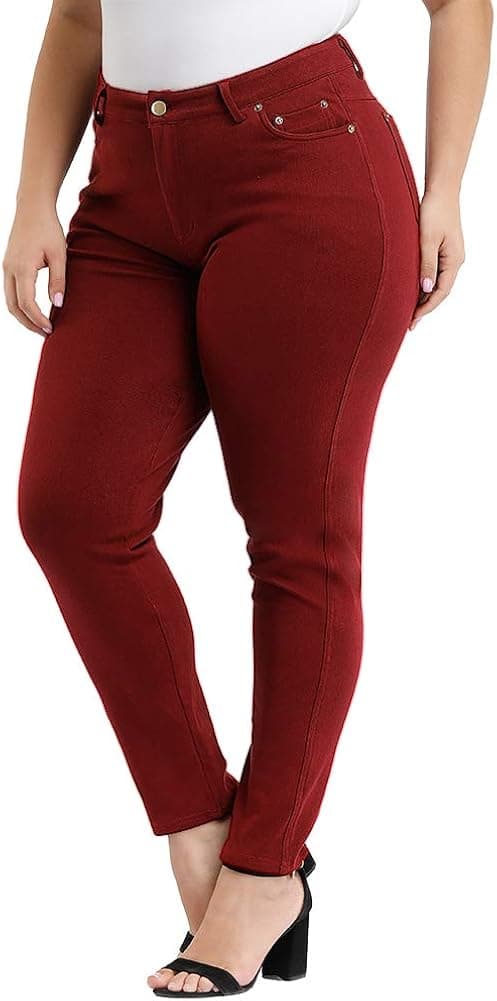 ALLEGRACE Women Plus Size Pants Skinny Fit Relaxed Slim High Waist Long Zipper Pants with Pockets Wine Red 24W