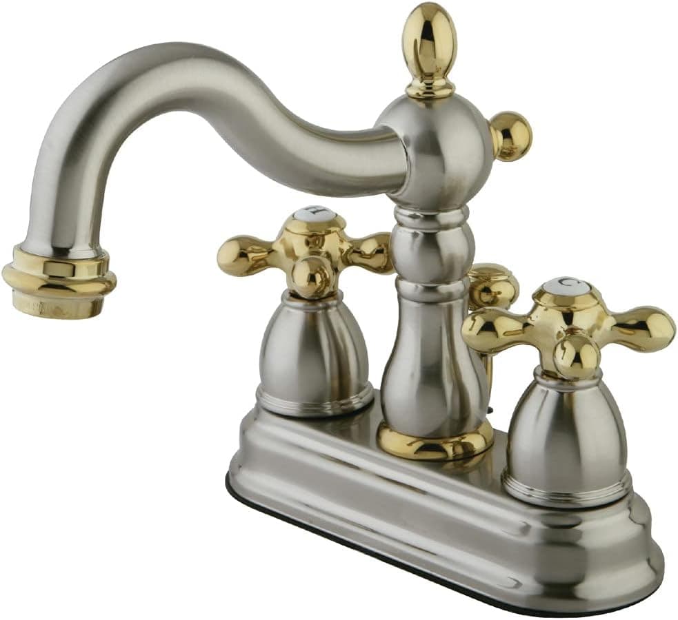 Kingston Brass KB1609AX Heritage 4-Inch Centerset Lavatory Faucet with Metal Cross Handle, Brushed Nickel and Polished Brass