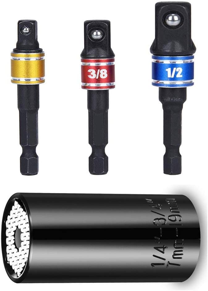 1/4" 3/8" 1/2" Universal Socket Grip Adapter, Ratchet Wrench Power Drill Adaptor(7mm-19mm), 6.35mm Hex Shank Impact Grade Driver Extension Drill Bit Set for Husband Dad Father's Day (BLACK)
