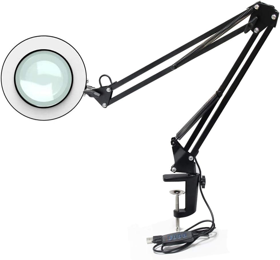 Magnifying Glass with LED Light,Desk Lamp,3 Color Modes Stepless Dimmable, 5X Magnifiction,Adjustable Swivel Arm for Close Work Craft Reading Workbench