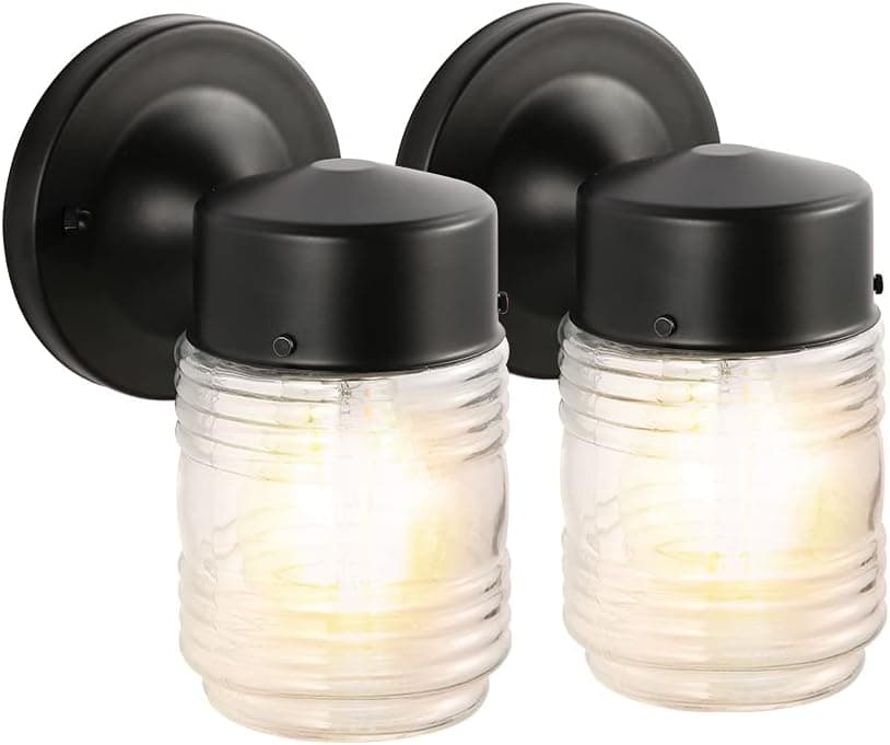 Run Bison 2Pack Matte Black Outdoor Jelly-Jar Wall Lantern, for Entryway Porch Patio, with Clear Glass and Weather Resistant