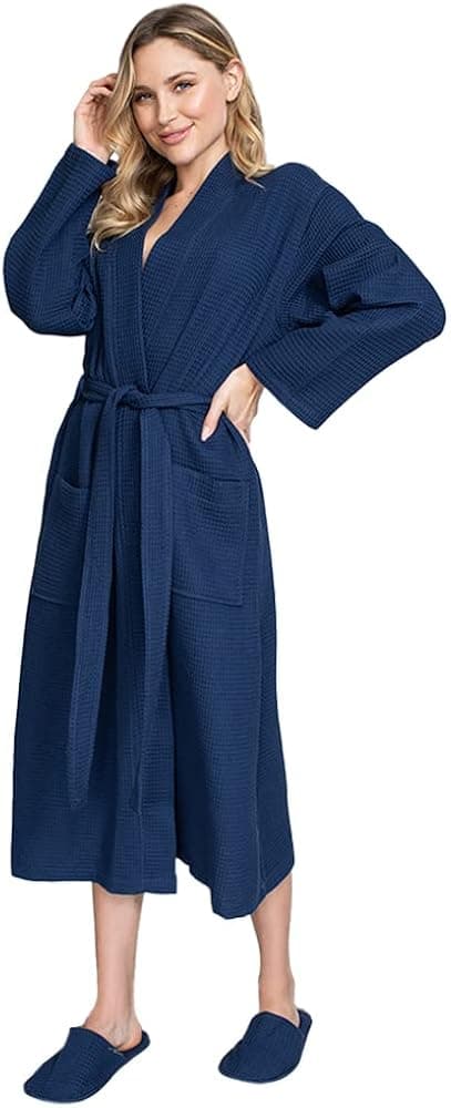 Lotus Linen Women's Lightweight Waffle Weave Robes- Long Soft Cotton Bathrobe - Kimono Spa Bath Robe