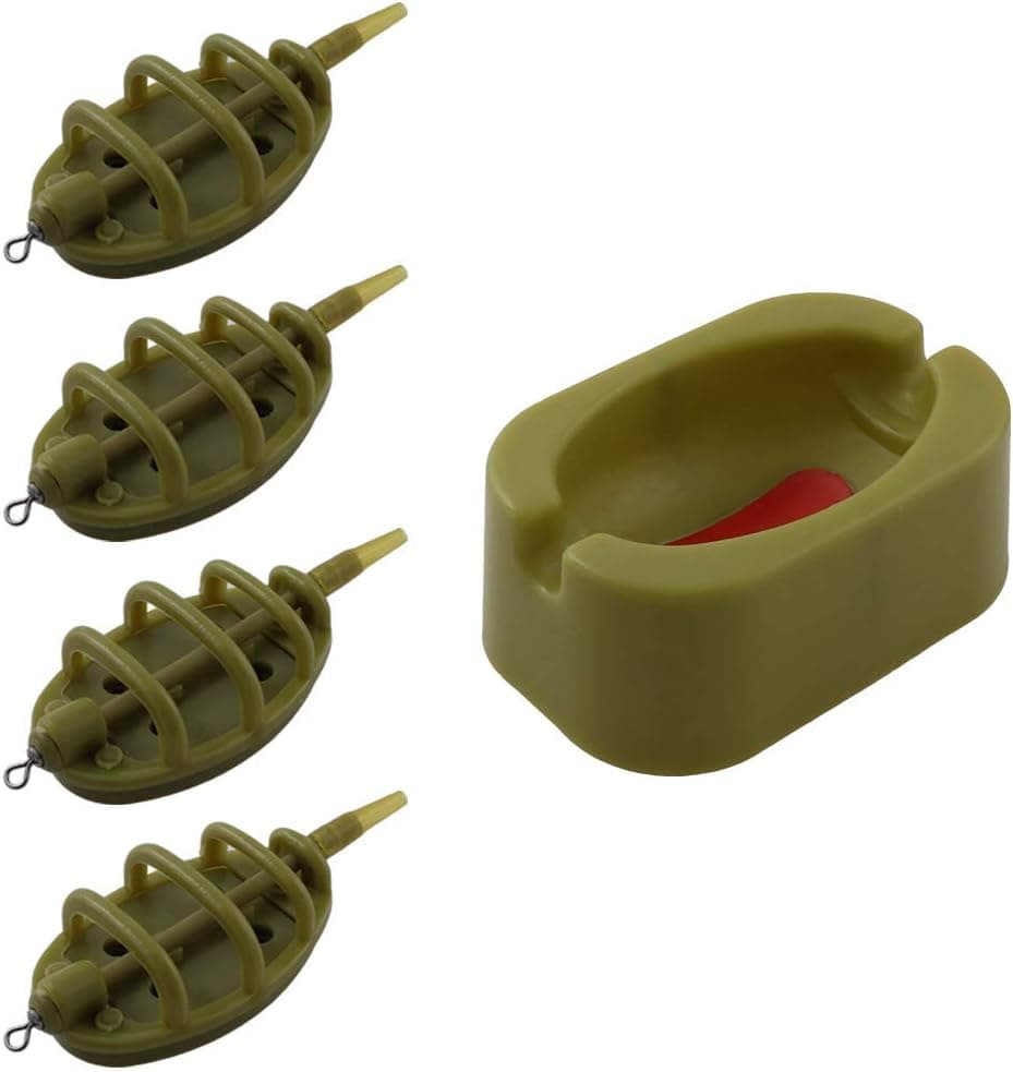 WHYHKJ Inline Method Feeder Set 4 Inline Method Feeders 15/20/25/35g with 1 Rubber Molding for Carp Fishing Holder Tool