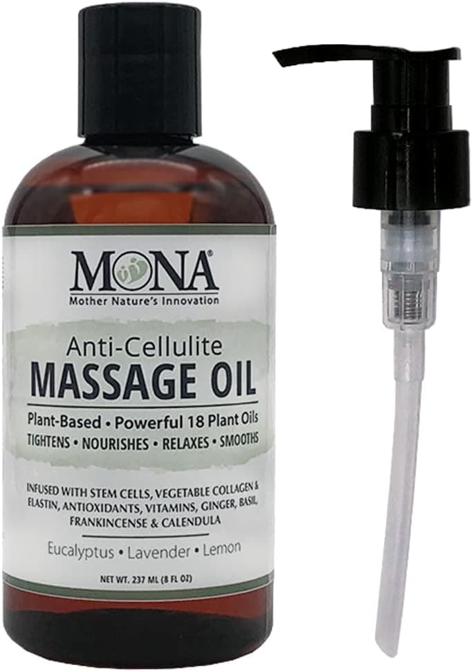 Mona Brands Plant-Based Anti-Cellulite Massage Oil | Botanical Skincare Oil w/Therapeutic 18 Plant Oils | Stem Cells Vegetable Collagen Elastin | (Eucalyptus - Lavender - Lemon, 8 Fl Oz (Pack of 1))
