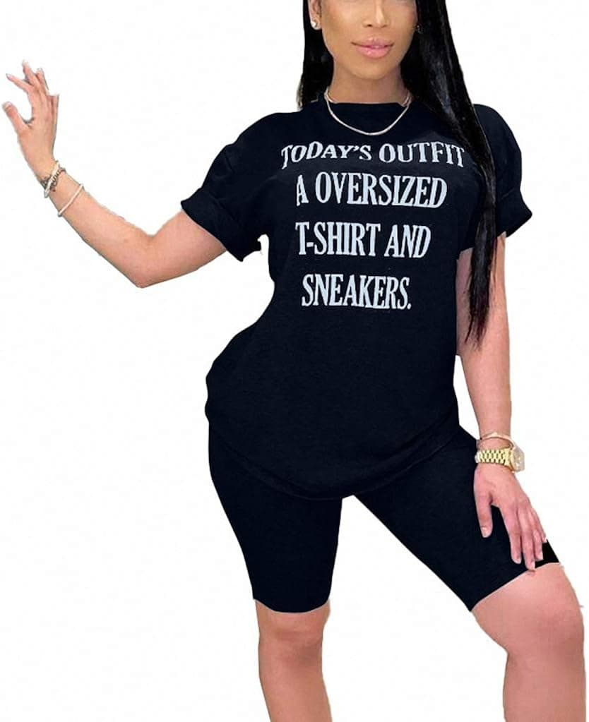 Remelon Womens Casual Short Sleeve Letters Print T Shirt Top Bodycon Short Pants Joggers Set 2 Piece Outfits Rompers