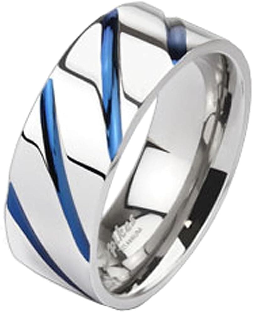 Jinique TIR-0004 Solid Titanium Blue IP Striped Band Ring; Sold as 1 Piece