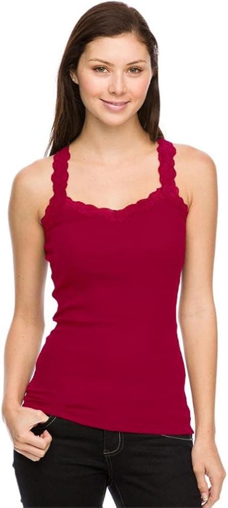 Women's Lace Trim Cotton Jersey Spaghetti Strap Camisole Tank Top