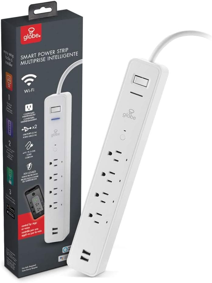 Globe Electric Wi-Fi Smart 4-Outlet Surge Protector 2 USB Port Power Strip, No Hub Required, Voice Activated, Independently Controlled Grounded Outlets, 4ft Cord, White 50077