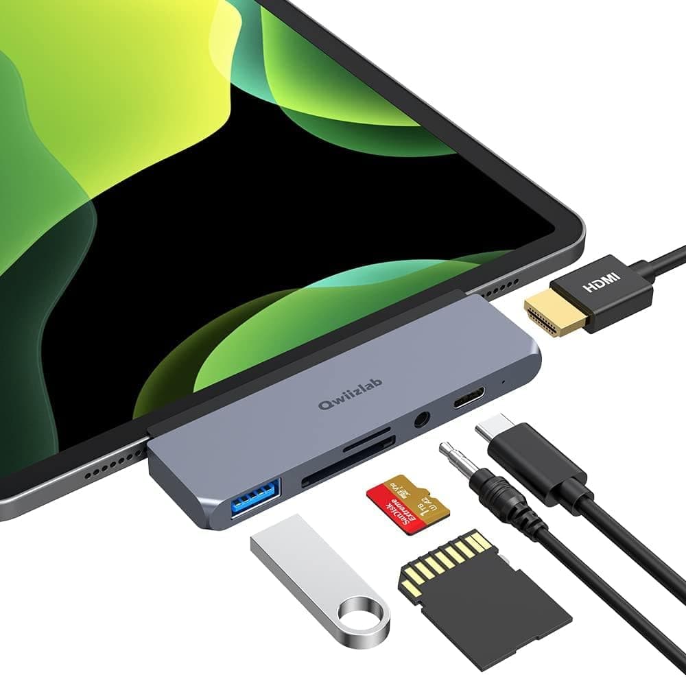 Qwiizlab iPad USB C Hub, 6-in-1 Adapter for iPad Pro 2022 2021 2020 2018, HDMI 4K, 60W PD, SD Card Reader, USB 3.0, Audio Jack 3.5mm, Compatible with iPad Air 5/4, iPad Mini 6
