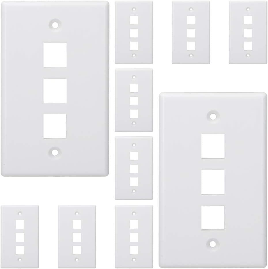 Kebulldola 3 Port Keystone Wall Plate (10 Pack), 1 Gang Low Voltage Wall Plate White for Keystone Jack, Insert, Coupler, Modular