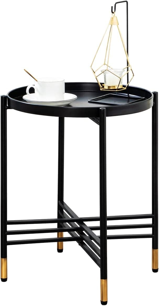 XsDevecor Round Side Table, Side Sofa Coffee Table with Round Removable Tray End Table for Living Room Balcony and Office, Black
