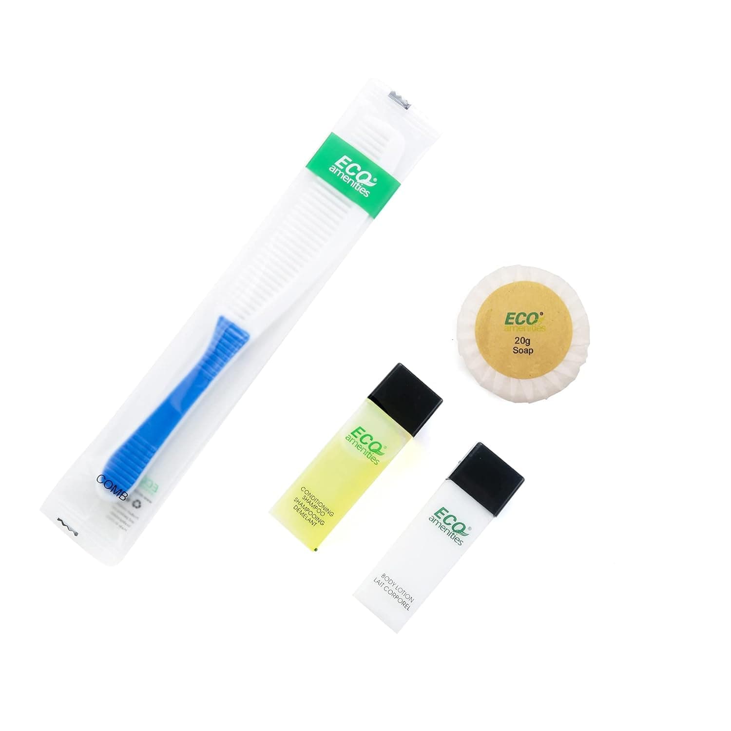 ECO Amenities All-in-Kit 4-Piece Travel Size Toiletries Kit 120 PCS ( 30 Toiletry Kits ) Mini Soap Bars Hotel Size Body Lotion Shampoo and Conditioner 2 in 1 Hair Comb