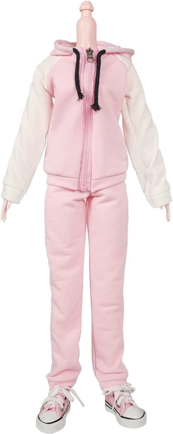Proudoll Sportswear Fleece Hooded Zip Up Sweatshirt Hoody Dolls Clothes Joggers Canvas Shoes Set for 1/3 BJD Doll 60cm 24inches Dolls (Pink+White)