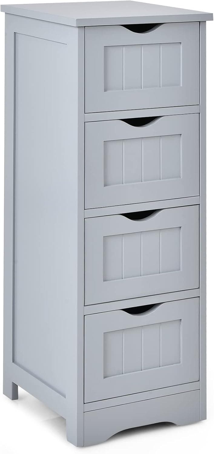 Tangkula Bathroom Floor Cabinet with 4 Drawers, Wooden Storage Cabinet with Anti-Tipping Device, Freestanding Side Storage Cabinet for Bathroom Home Office, 12 x 12 x 32.5 Inch (Grey, 4 Drawers)
