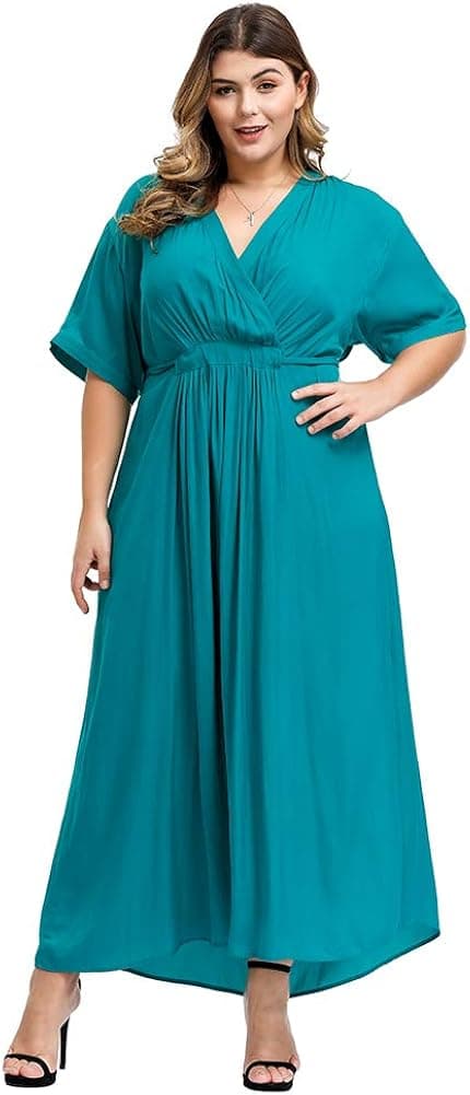 Love is Lovely Women's Plus Size V-Neck Dropped Shoulder Sleeves Shift Dress Casual Wrap Midi Dress with Waistband