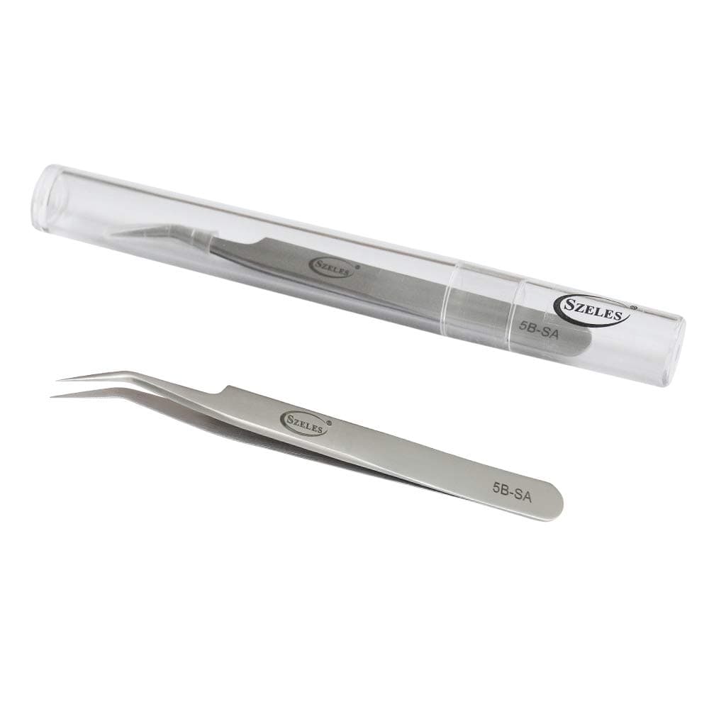 Szeles Vetus Volume Tweezers Stainless Steel Precision Tweezers Acrylic tube Package with Non-dust cloth Ultra Rigidity Curved Point Tweezers Pro Beauty Eyelash Extension Tool (5B-SA)