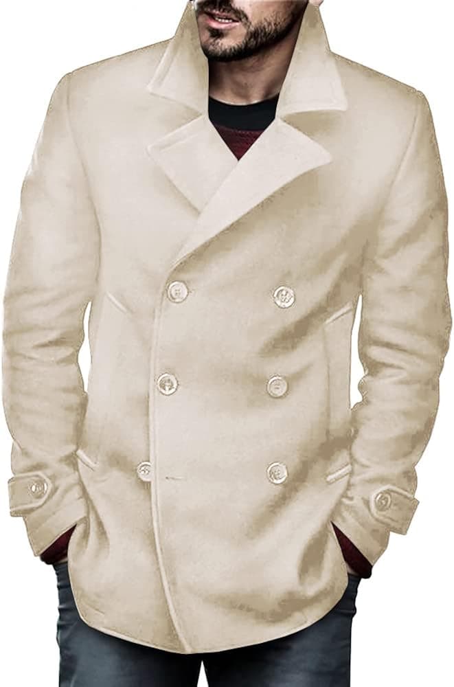 Bbalizko Mens Classic Pea Coat Notched Collar Slim Fit Double Breasted Winter Warm Heavyweight Trench Coats