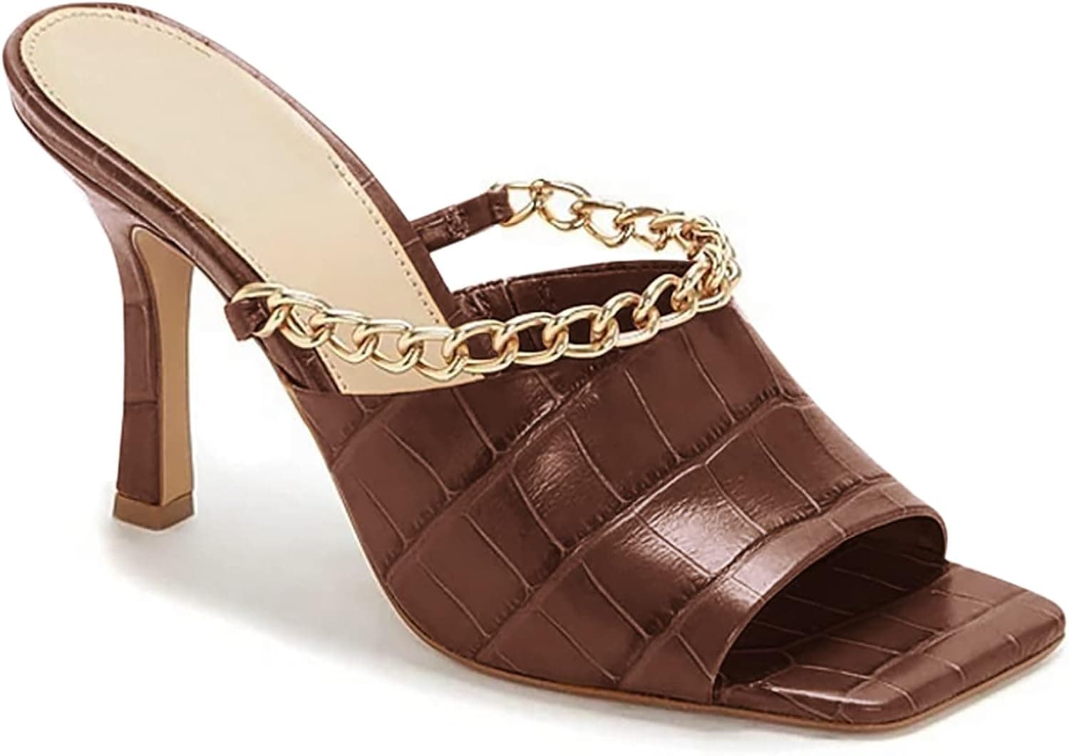Coutgo Womens Kitten Heels Sandals Mules Chain Square Toe High Heeled Slip on Summer Dress Shoes